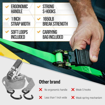 Ratchet Straps, Tie down Strap Set 1650Lb Break Strength, 4 Pack 15Ft X 1In, 4 Soft Loops, Moving Straps Tie Downs, Cargo Cam Buckles for Trucks, Carry Bag, for Men
