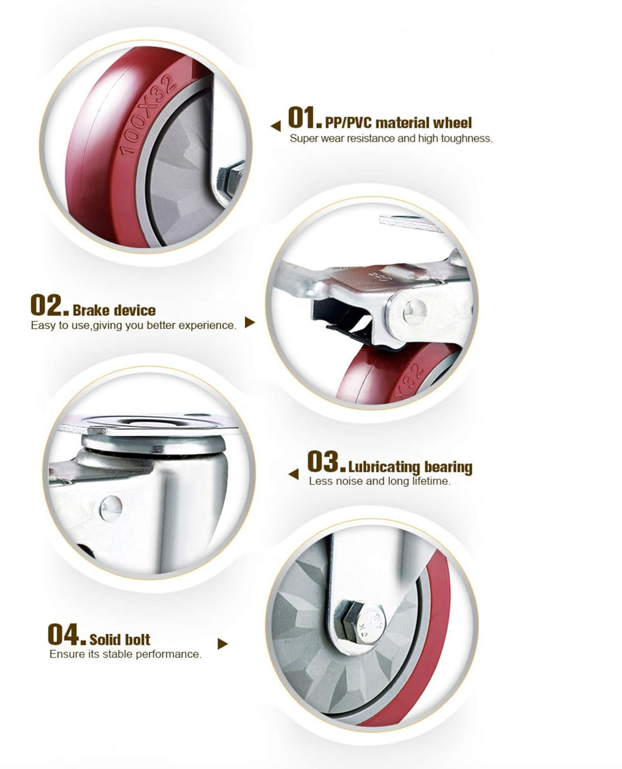 Heavy Duty Castor Wheels + Screws - 100Mm up to 600KG - Pack of 4 No Floor Marks Silent Caster for Furniture - Rubbered Trolley Wheels - Silver Castors