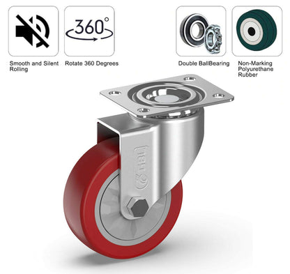 Heavy Duty Castor Wheels + Screws - 100Mm up to 600KG - Pack of 4 No Floor Marks Silent Caster for Furniture - Rubbered Trolley Wheels - Silver Castors