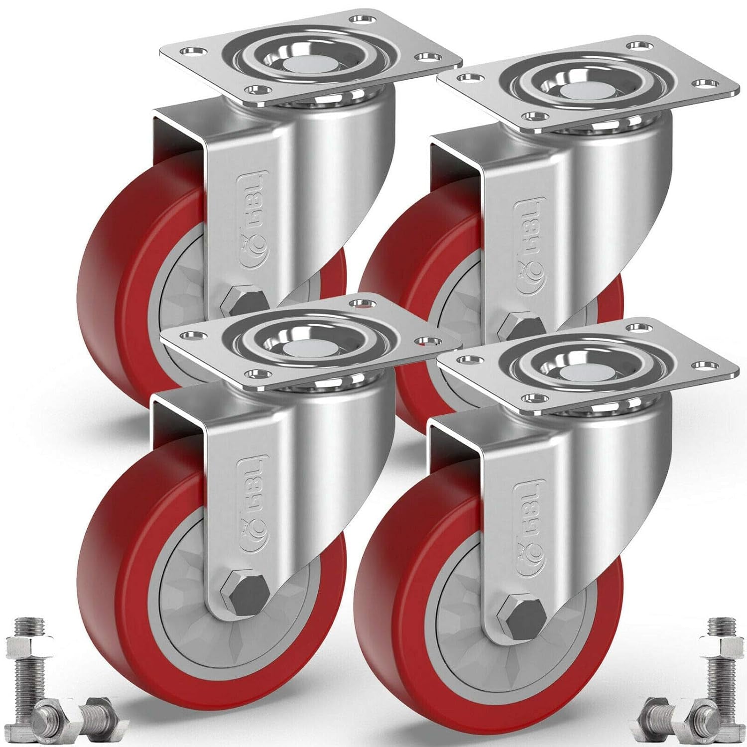 Heavy Duty Castor Wheels + Screws - 100Mm up to 600KG - Pack of 4 No Floor Marks Silent Caster for Furniture - Rubbered Trolley Wheels - Silver Castors